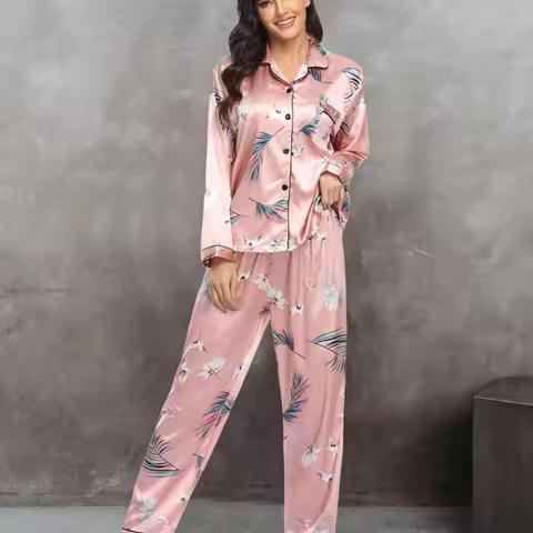 Ice Silk Pijama High-grade Moon Star Print Pajamas Woman Europe The United States Style Lapel Cardig
