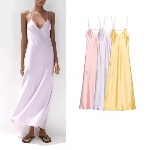 Summer New Arrival Women's V-ne Svel Silk Satin Midi Long Dr High Waist A-line Gown Commute Sle Pure