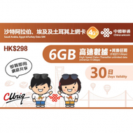 中國聯通 - 【沙特阿拉伯、埃及、土耳其】30日 (6GB) 4G/3G 無限上網卡數據卡SIM咭 香港行貨