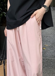 กางเกงขายาวทรงตรงเอวยางยืดผ้าฝ้ายสีขาวสำหรับผู้หญิง กางเกงขายาวทรงพองขาบานบาง ทรงฤดูร้อน ทรงพอดีตัว 