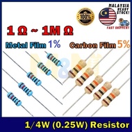 Resistor 1/4W (0.25W) Metal Film 1% / Carbon Film 5% [1 Ohm to 1m Ohm] Perintang 电阻