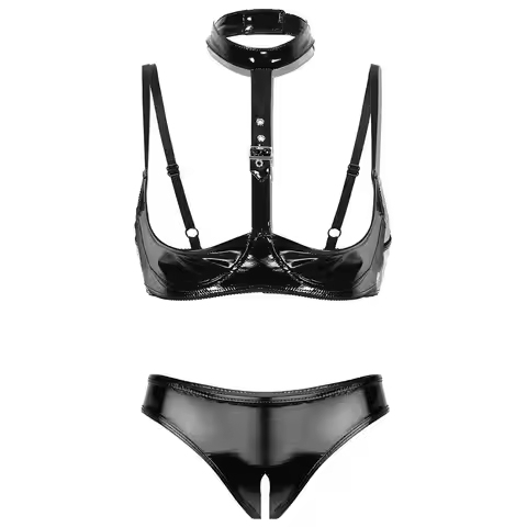 Womens Patent Leather Lingerie Set Black Buckle Halter Wetlook Latex Wire-free Open Cup Bra Top Expo