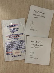 Kiehl’s hand salve, Innisfree green tea eye cream, serum 試用裝包郵