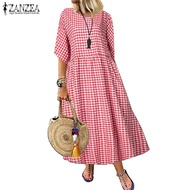 ZANZEA Women Plaid O Neck Loose Plus Size Loose Maxi Dress