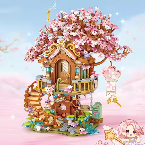 Loz Pink Romantic Cherry Blossom Treehouse Mini Particles Building Blocks Diy Tree House Sets For Ch