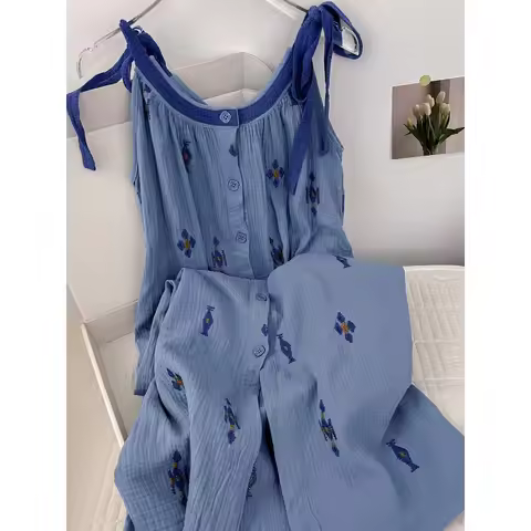 Gauze pajamas suspender pajamas summer new loungewear long skirt 4022