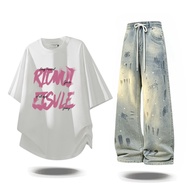 P44 [Two-Piece Set] Summer Short-Sleeved Top T-Shirt Five-Point Sleeve Pure Cotton T686+K60 Jeans S-