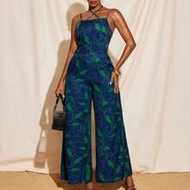 Summer Printed Spaghetti Criss Cross Tie Straps Wide-Leg Jumpsuits Women Vacation Casual Party Outfi