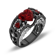 Heart Shaped Lab-created Red Ruby Black Gold Filled 925 Silver Women Angel Wing Ring Size US 6 7 8 9 10