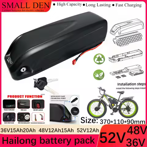 New 2025 Brand 36V 48V 52V Hailong Battery built-in 30A BMS 12AH 15AH 20AH 0~1500W 18650 Battery and