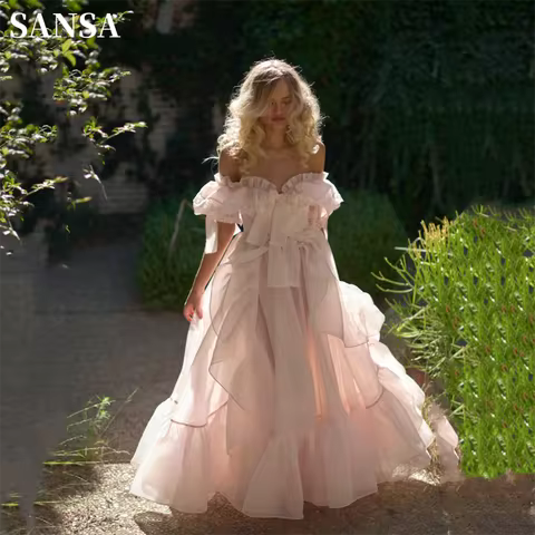 Sansa Baby Pink Off Shoulder Prom Dress Sweet Edge Curl Organza Vestidos De Noche Puffy Prom Dress C