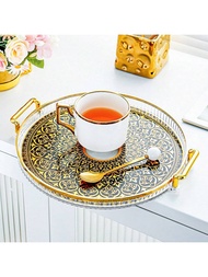 1pc Luxury Round Serving Tray - Plastic With Golden Handle, Textured Striped Surface & Non-Slip Base