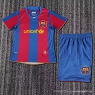 [Kids SSS+] Barcelona Home Messi No. 19 Ronaldinho 10 Short Sleeve Soccer Uniforms, Kids Set, Retro 