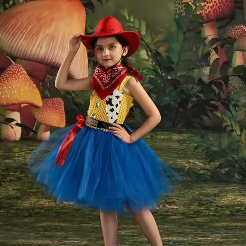 Dresses Jessie Cosplay Costumes Halloween Outfits Fancy Tutus with Cowboy Hat Scarf
