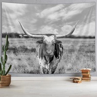Longhorn Cow Tapestry, Black and White Rural Pasture Texas Longhorn Steer in Utah, Western Rustic Wa