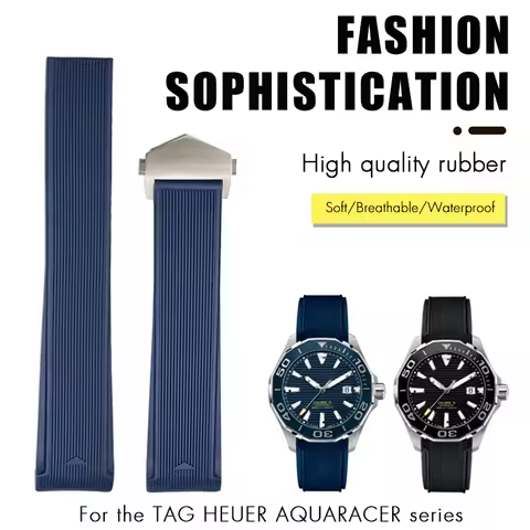 20mm 22mm Rubber Silicone Watch Strap Fit for Tag Heuer CARRERA AQUARACER 300 WAY201A WAY211C Black 