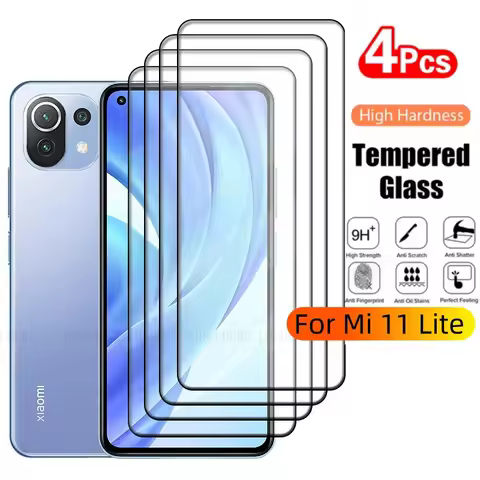 4Pcs For Xiaomi 11 Lite Glass Xiaomi 11 Lite Tempered Glass Protective Full Cover Glue 9H HD Screen 