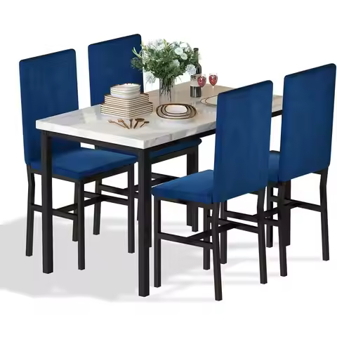Space-Saving Marble Top Kitchen Table with 4 Blue Velvet Chairs for Dining & Breakfast in Small Spac