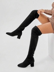 CUCCOO SZL 女性時尚極簡麂皮厚跟黑色過膝襪靴