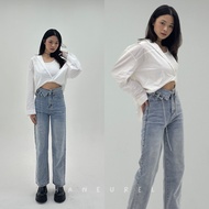 SOMI JEANS - Women's Straight Jeans Korean Looks Waist Details & Chain XS - XXL