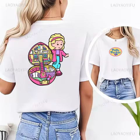 Kawaii Polly Pocket Printed T-shirt Cute Polly Pocket Tops Summer Male O-neck Short-sleeve Classic P