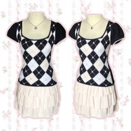 Argyle Knit Ribbon Top Kawaii Casual Babydoll Coquette Shoujo Dollette Top Pink Black White