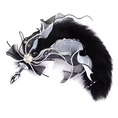 【S】Luxury Faux Fox Tail Metal Butt Plug Large Lace Bow Pearl Chain Bell Cosplay Role Play Costume Pr