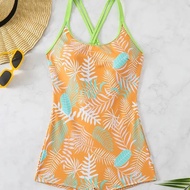 2026 One-Piece Boxer Swimsuit Female Sexy Backless Printed Swimsuit