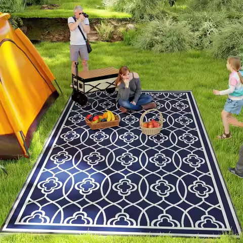 Outdoor Rug, 9' x 18' Floor Mat, Blue White Lantern