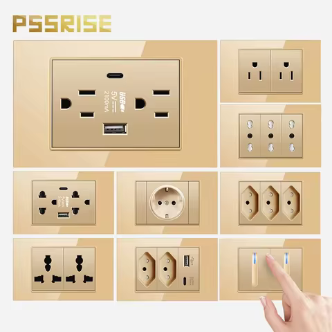 PSSRISE BR TH US Wall Switch Socket with 2.1A USB Type-c Charger Tempered Glass Panel Light Switch P