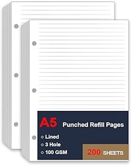 (2 Pack) A5 Lined Paper Refill, 3 Hole Refill Paper, A5 Filler Paper, 200 Sheets/400 Pages Loose Leaf Paper for Filofax Planner Refills, Organizer, Binders, 100gsm Paper, 5.8 x 8.2 Inch