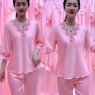 睡衣性感 woman sleepwear 睡衣套裝女 baju tidur wanita Seluar lengan panjang sutera ais musim panas wanita Pajamas seluar berhawa dingin bersaiz besar musim bunga seksi nipis dan pakaian lounge sutera musim luruh set dua keping