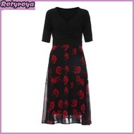 Womens Patchwork Swing Chiffon Dress Short Sleeve V Neck Midi Dress Plus Size Floral Wedding Guest D