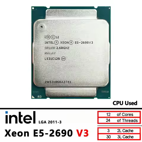 Intel Xeon Used E5 2690 V3 E5-2690V3 2.6 GHz Twelve-Core Twenty-four-Thread 30MB 135W CPU LGA 2011-3