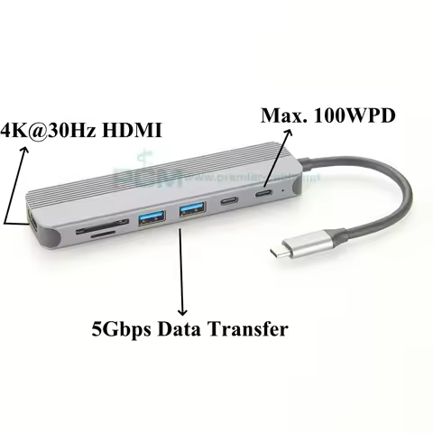USB C Hub 7 In 1 MultiPort Adapter with 4K HD, 100WPD, 5Gbps USB-C, 2 USB 3.0 Ports, SD/TF Card Read