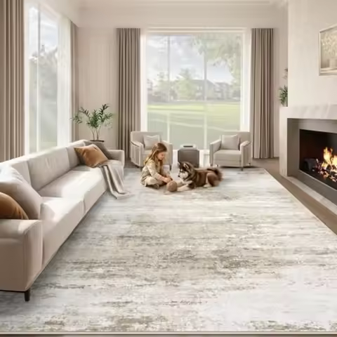 Washable 8x10 area rug for living room: neutral beige soft abstract non-slip low-pile modern carpet,