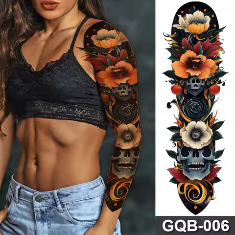 Full Arm Sleeve Temporary Tattoo For Women Adult Waterproof Tattoo Sticker Flower Skull Rose Peony D