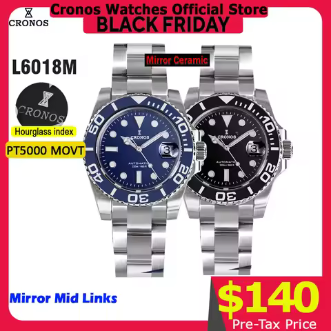 Cronos Sub Diver Men Watch Stainless Steel PT5000 Bracelet Ceramic Bezel 200 meters Water Resistant 