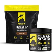 Ascent 100% Whey Protein Powder, Chocolate 4 lb & Creatine Monohydrate Powder, Unflavored 45 Serving