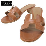 Hermes Brown Gold Leather Oasis Heel Sandals, Size 34 1/2 [Used]