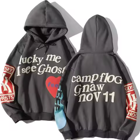 Harajuku Weirdo Graffiti Letter Printed Hoodies Men 2025 Lucky Me I See Ghosts Mens Hooded Sweatshir