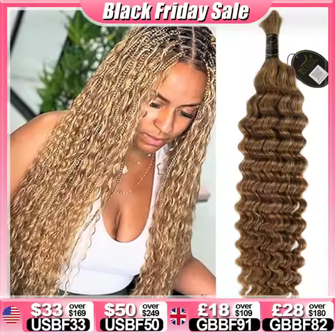 1B/4/27/30/99J# Color Deep Wave Braiding Hair Extensions Bulk Human Hair For Braiding Knotless Hair 