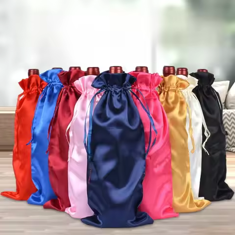 10 Pieces/batch 15x35cm Satin Bag Drawstring Red Wine Bag Champagne Packaging Wedding Party Christma