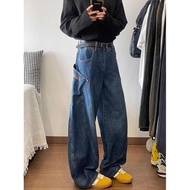 【现货】深蓝色拼接弯刀牛仔裤男小众高级感镰刀裤美式高街痞帅宽松阔腿裤9/5ck 【In Stock】Dark Blue Patchwork Scythe Jeans for Men, Unique H
