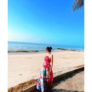 Red camisole patterned maxi dress