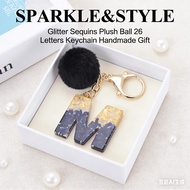 26 Letters Keychain for Women Plush Ball Iridescent Glitter Sequins Backpack Lucky Gift Fashion Acce