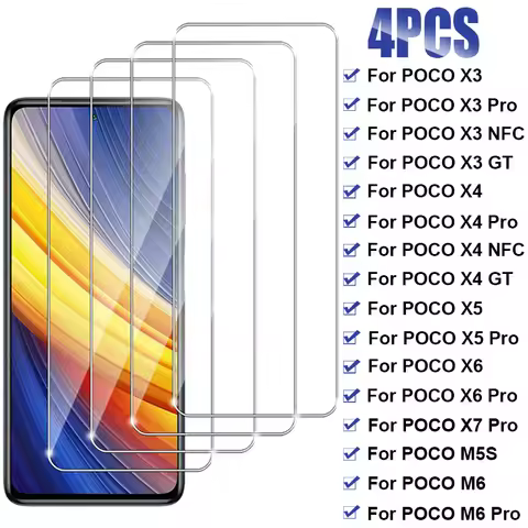 4PCS Full Cover Tempered Glass For Xiaomi Poco X6 X5 X4 Pro X3 NFC GT Screen Protector For Poco X7 P