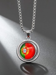 時尚流行男士葡萄牙國旗和足球圖案圓形吊飾項鍊不銹鋼適合珠寶禮物和時尚外觀