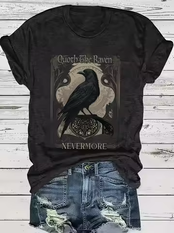 Quoth The Raven Nevermore Women's Tee - Gothic Poem Graphic, Casual Dark Academia Top