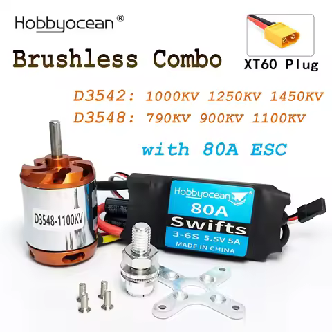 Hobbyocean D3542 D3548 Brushless Outrunner Motor with 80A ESC Combo Set 2-7S Lipo For RC Aircraft Pl